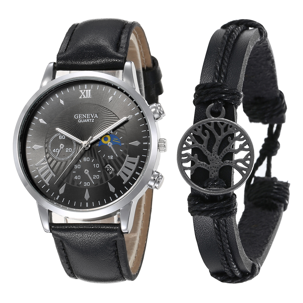 Menu0027s Watch Fashion Casual Pu Strap Sports Quartz Watch Set with Calendar