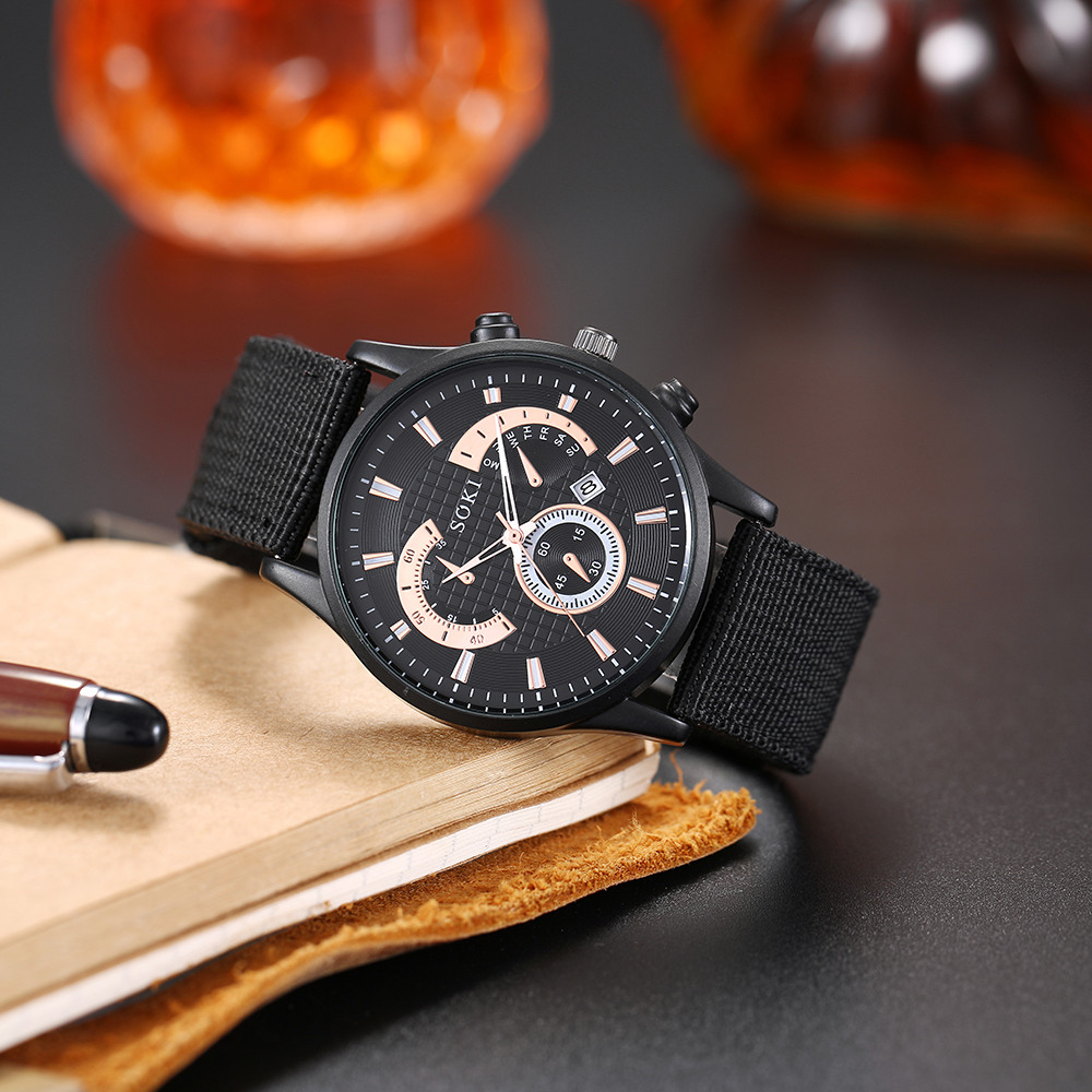 Menu0027s Casual Watch bracelet set Fashion Army Style Woven Nylon Strap Calendar Sports Quartz Watc