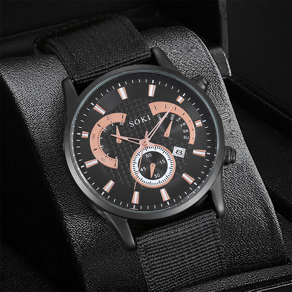 Menu0027s Casual Watch bracelet set Fashion Army Style Woven Nylon Strap Calendar Sports Quartz Watc