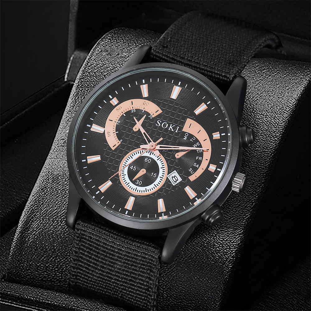 Menu0027s Casual Watch bracelet set Fashion Army Style Woven Nylon Strap Calendar Sports Quartz Watc