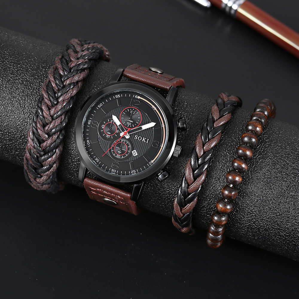Menu0027s Leather Rope Watch Calendar Sports Quartz Watch Bracelet Set