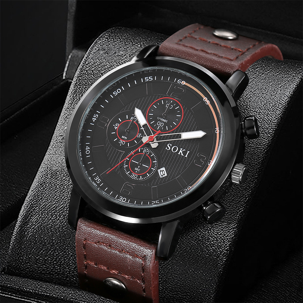 Menu0027s Leather Rope Watch Calendar Sports Quartz Watch Bracelet Set