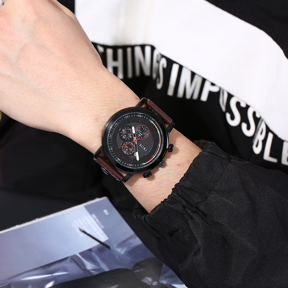 Menu0027s Leather Rope Watch Calendar Sports Quartz Watch Bracelet Set