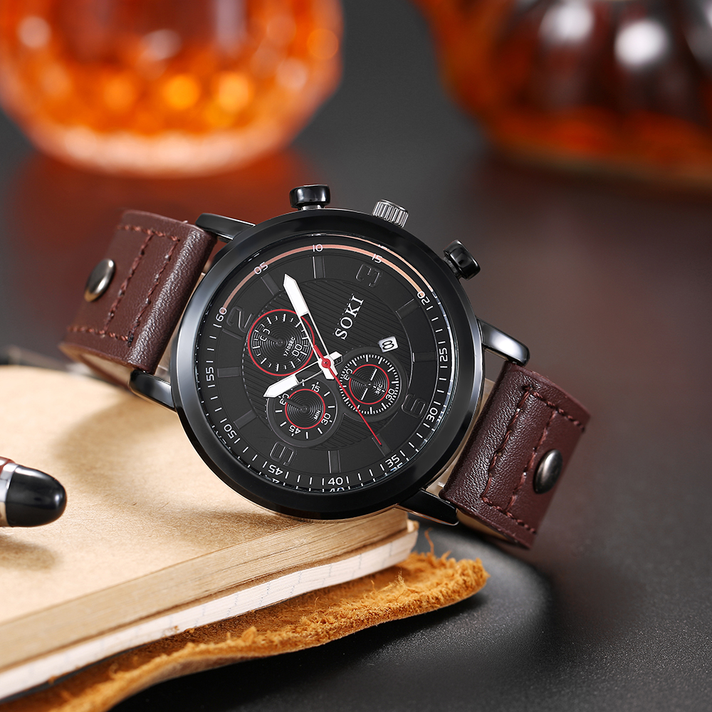 Menu0027s Leather Rope Watch Calendar Sports Quartz Watch Bracelet Set