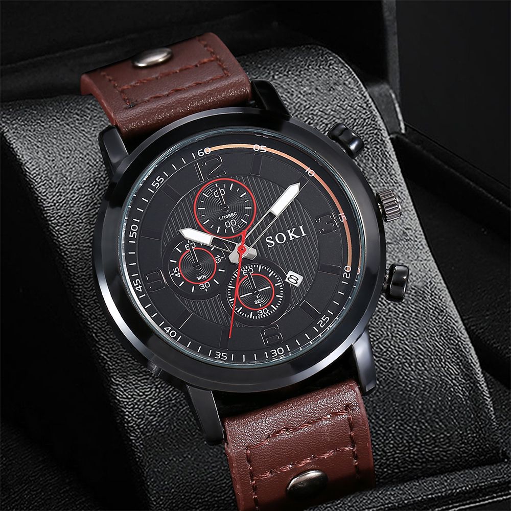 Menu0027s Leather Rope Watch Calendar Sports Quartz Watch Bracelet Set