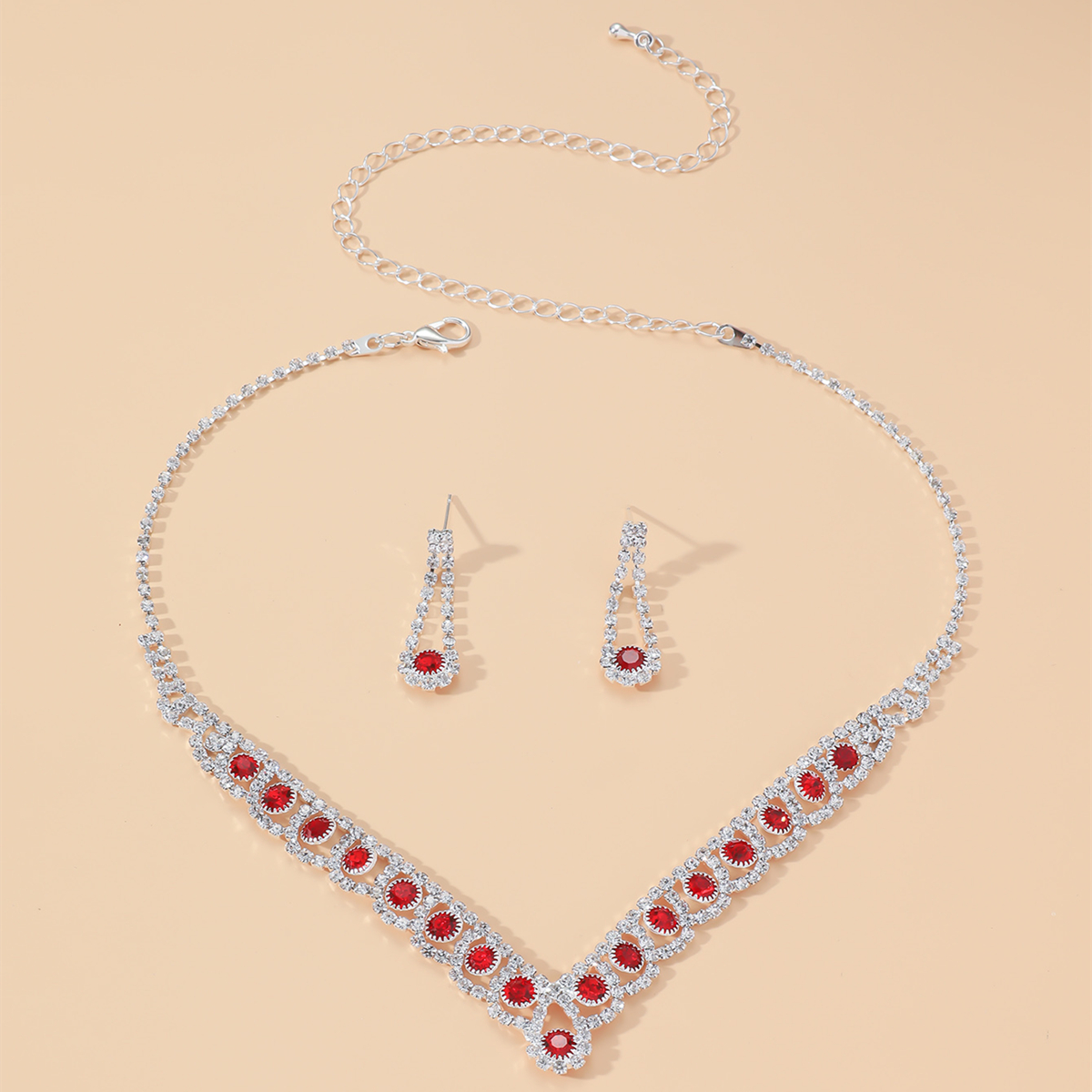 Fashion Bridal Necklace Ornament EarringTwo-Piece Red Rhinestone Jewelry Set