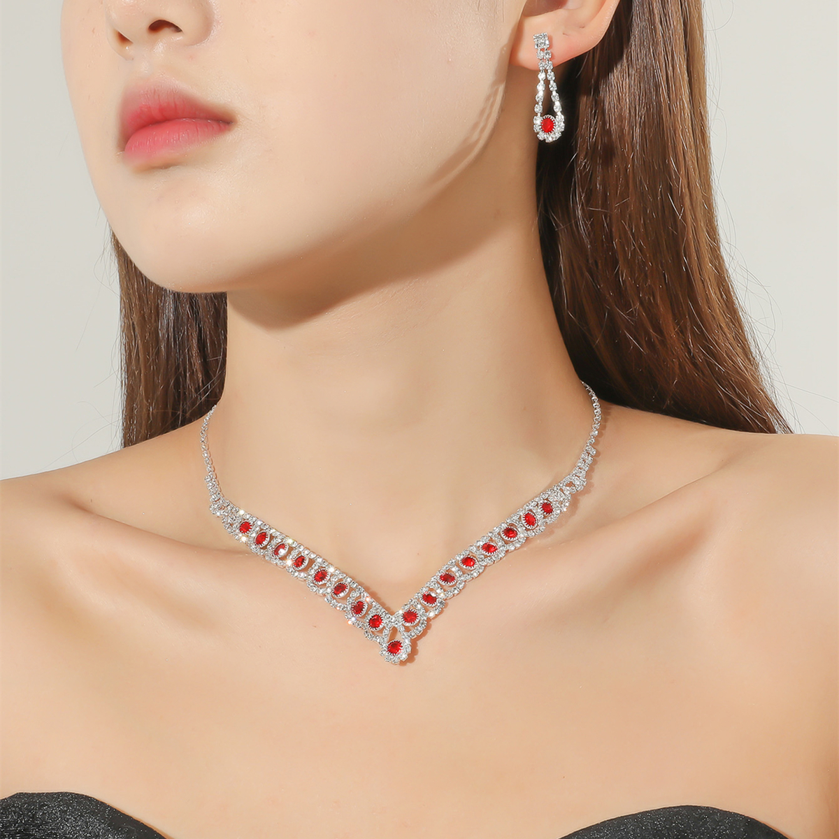 Fashion Bridal Necklace Ornament EarringTwo-Piece Red Rhinestone Jewelry Set