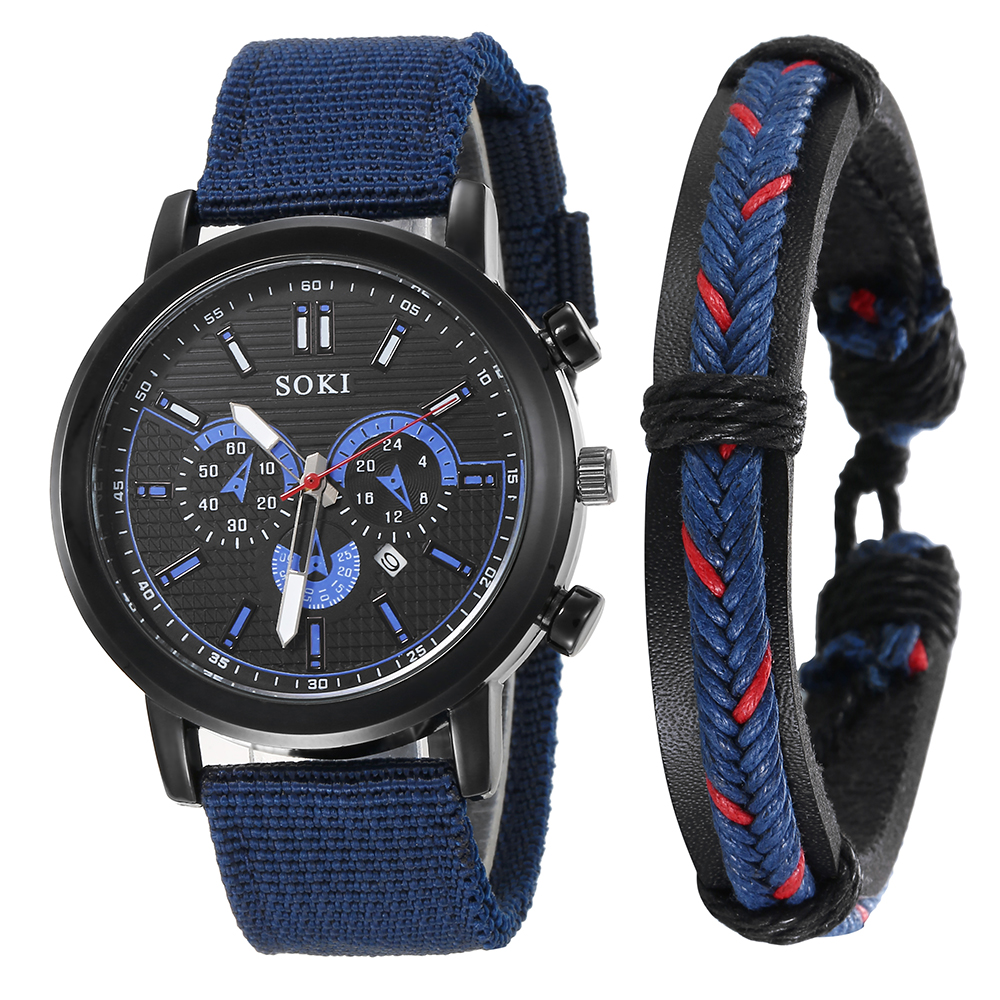 fashion casual style blue Woven Nylon Strap Quartz Watch wristband