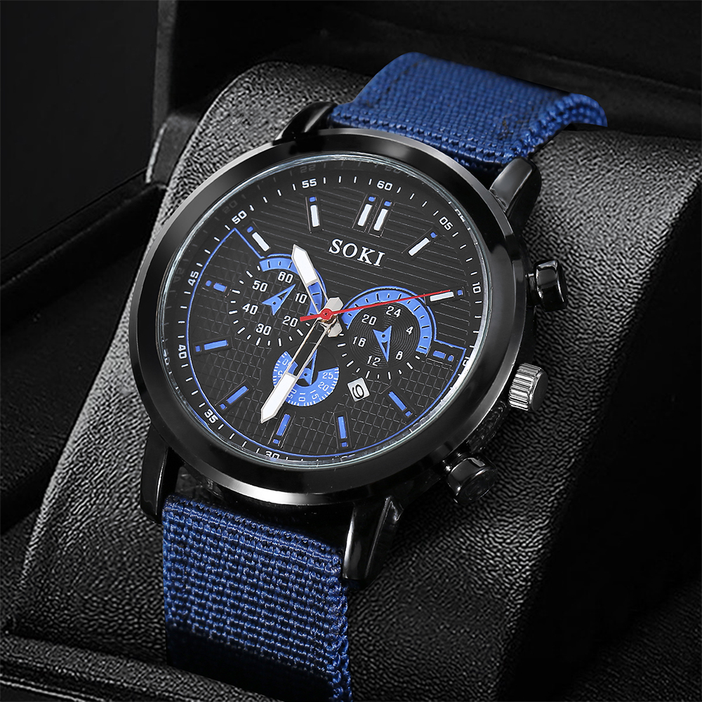fashion casual style blue Woven Nylon Strap Quartz Watch wristband
