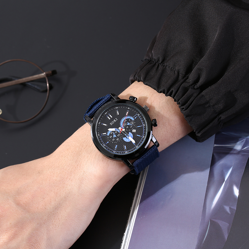 fashion casual style blue Woven Nylon Strap Quartz Watch wristband