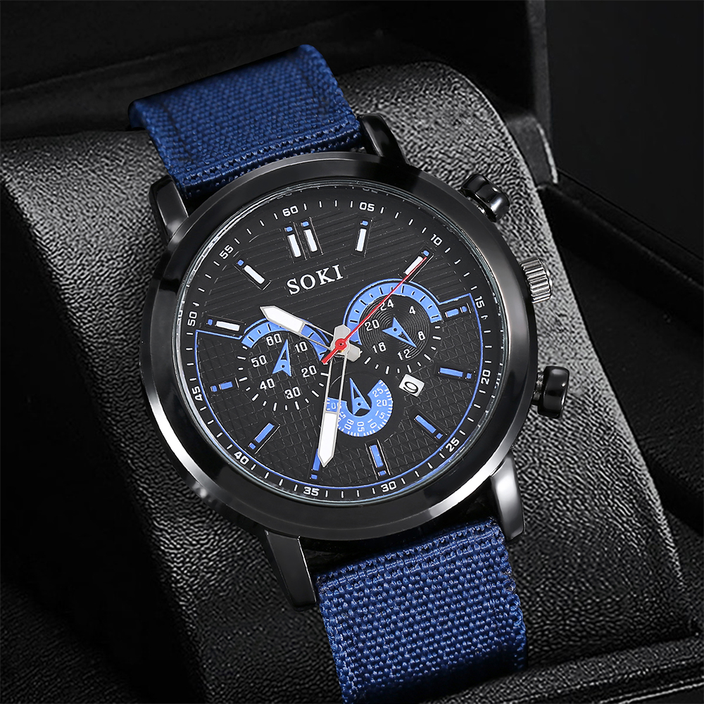 fashion casual style blue Woven Nylon Strap Quartz Watch wristband