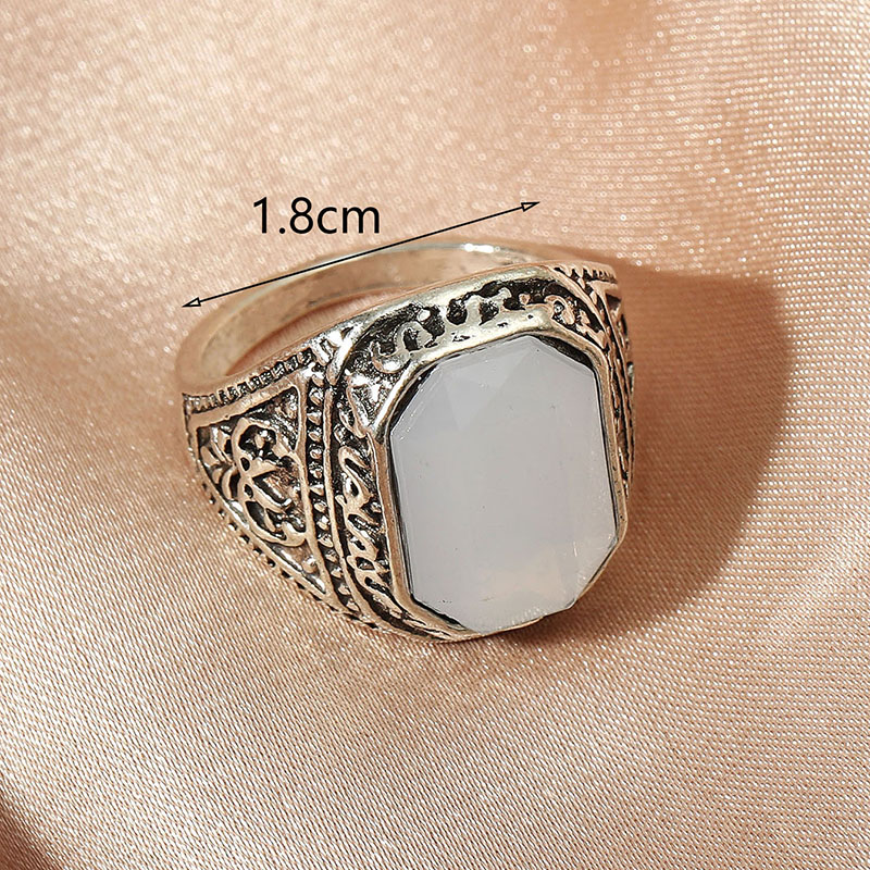 Fashion Ethnic Retro Vintage Carved Big White Geometric Stone Ring