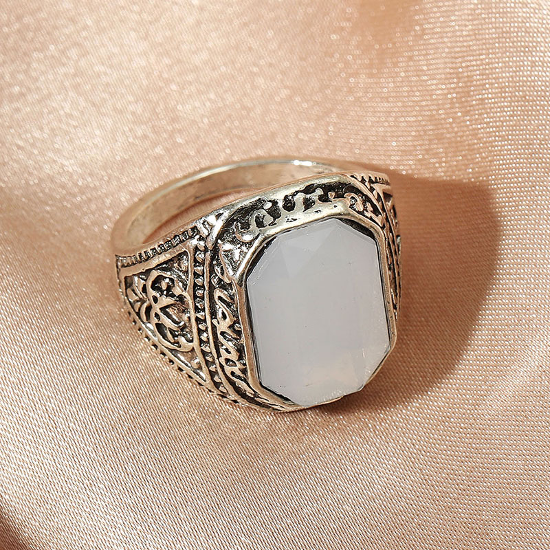 Fashion Ethnic Retro Vintage Carved Big White Geometric Stone Ring