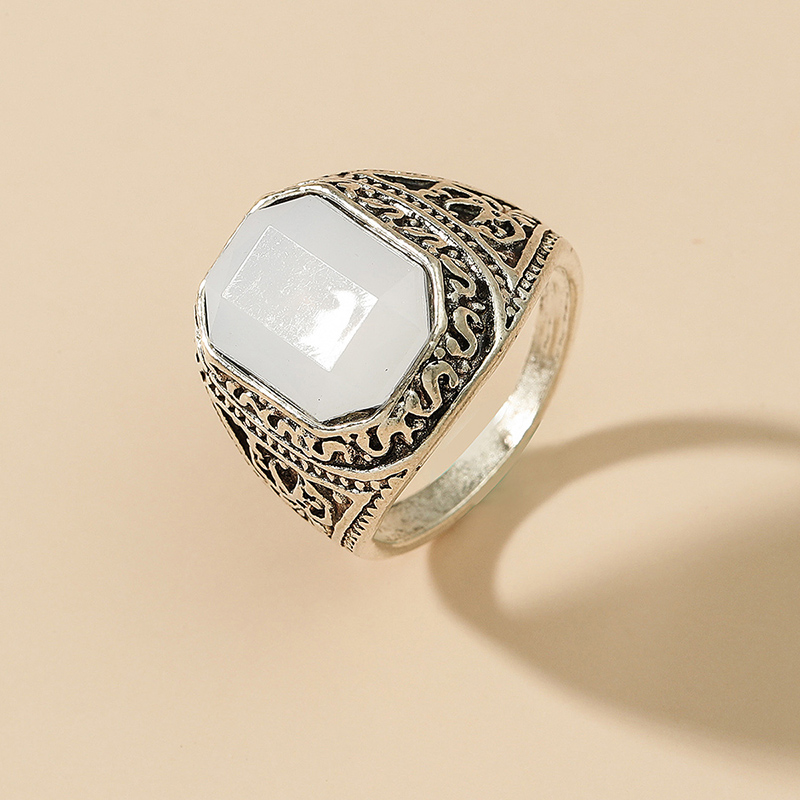 Fashion Ethnic Retro Vintage Carved Big White Geometric Stone Ring