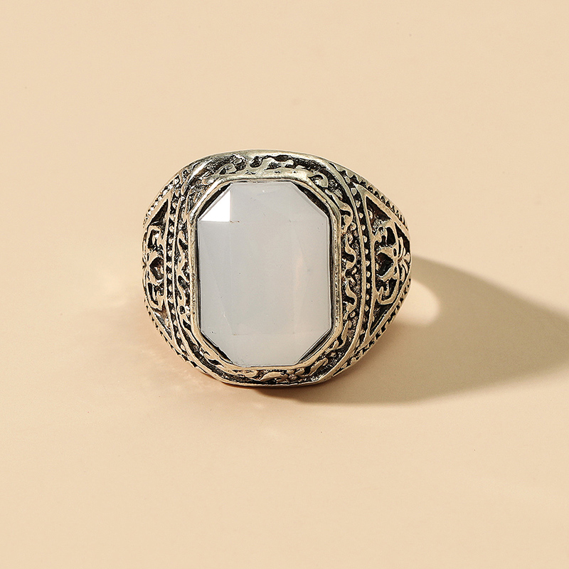 Fashion Ethnic Retro Vintage Carved Big White Geometric Stone Ring