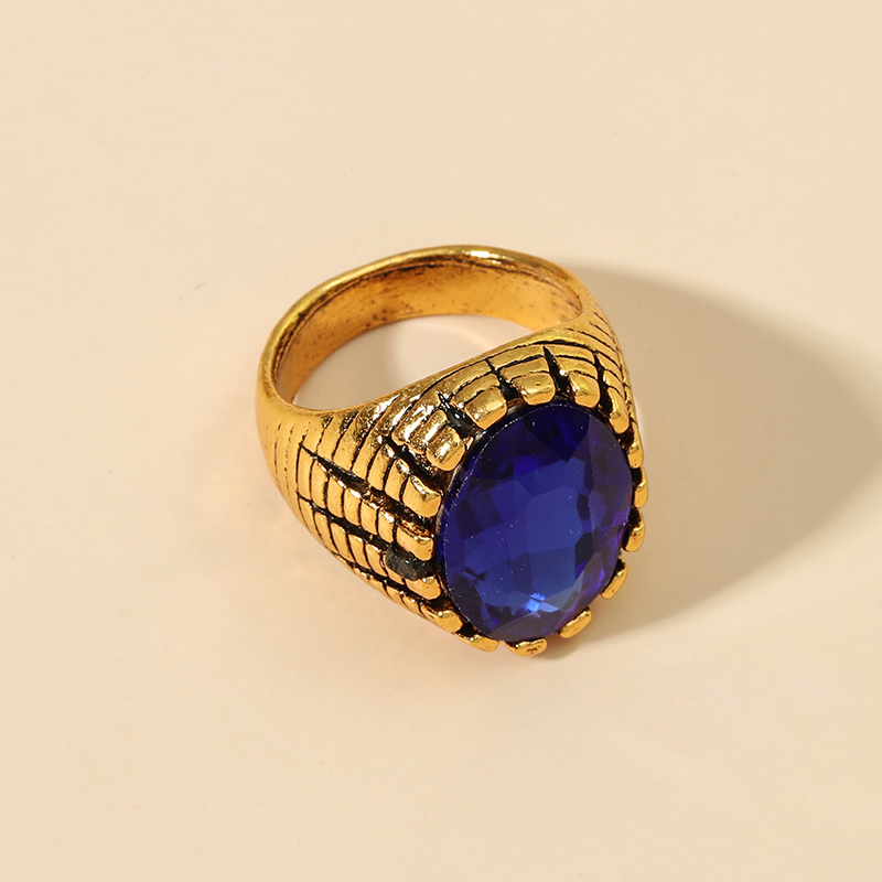 Fashion Palace Big Blue Gem Vintage Distressed Carved Oval Alloy Ring