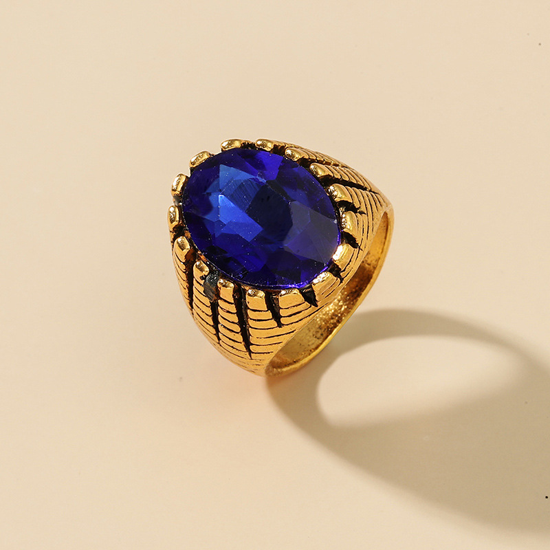 Fashion Palace Big Blue Gem Vintage Distressed Carved Oval Alloy Ring