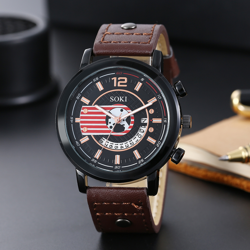 fashion simple brown PU leather Strap Calendar alloy Sports Quartz Watch wristband