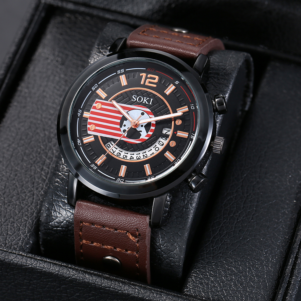 fashion simple brown PU leather Strap Calendar alloy Sports Quartz Watch wristband