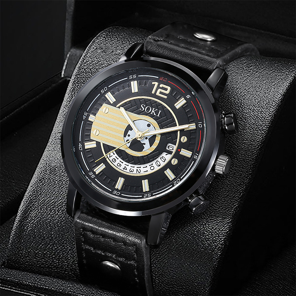 black PU leather Strap Calendar Menu0027s Sports Quartz Watch wristband