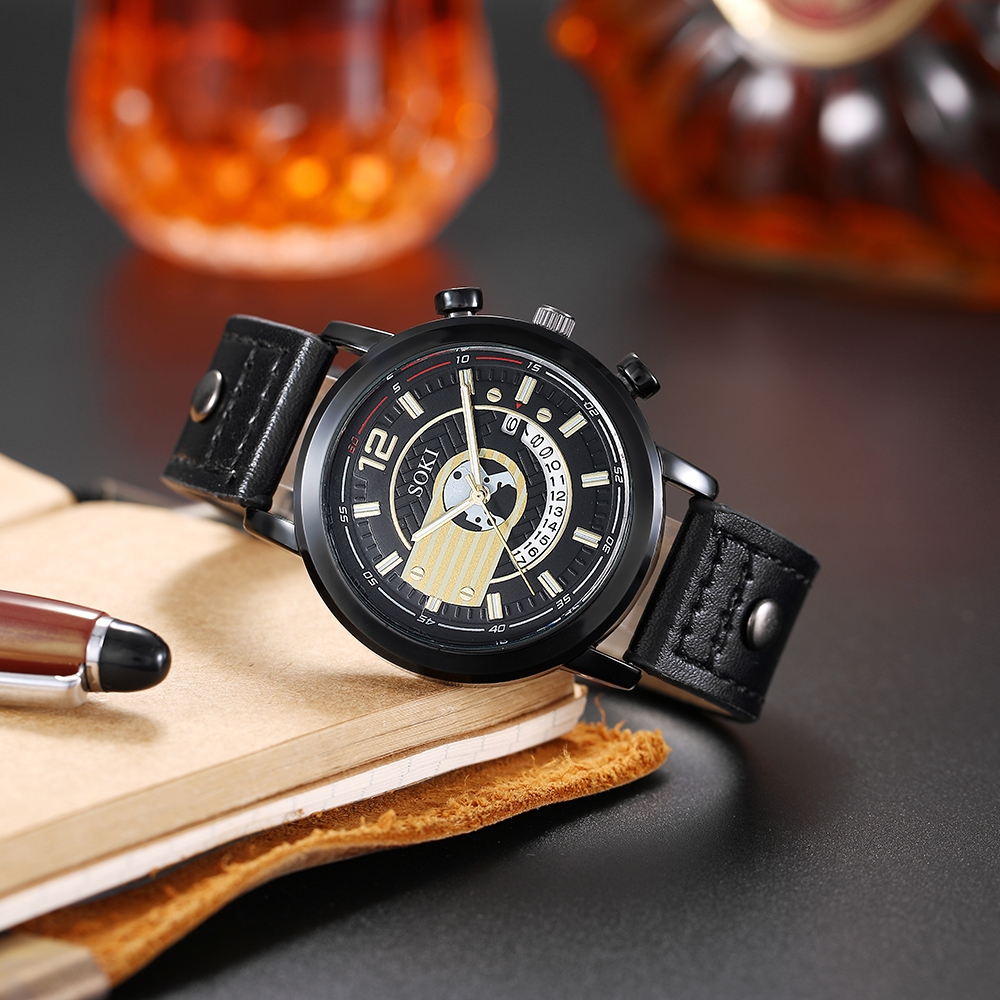 black PU leather Strap Calendar Menu0027s Sports Quartz Watch wristband