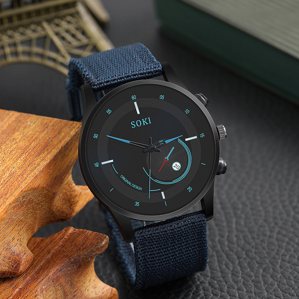 Fashion blue Woven Nylon Strap Menu0027s Sports Quartz Watch wristband