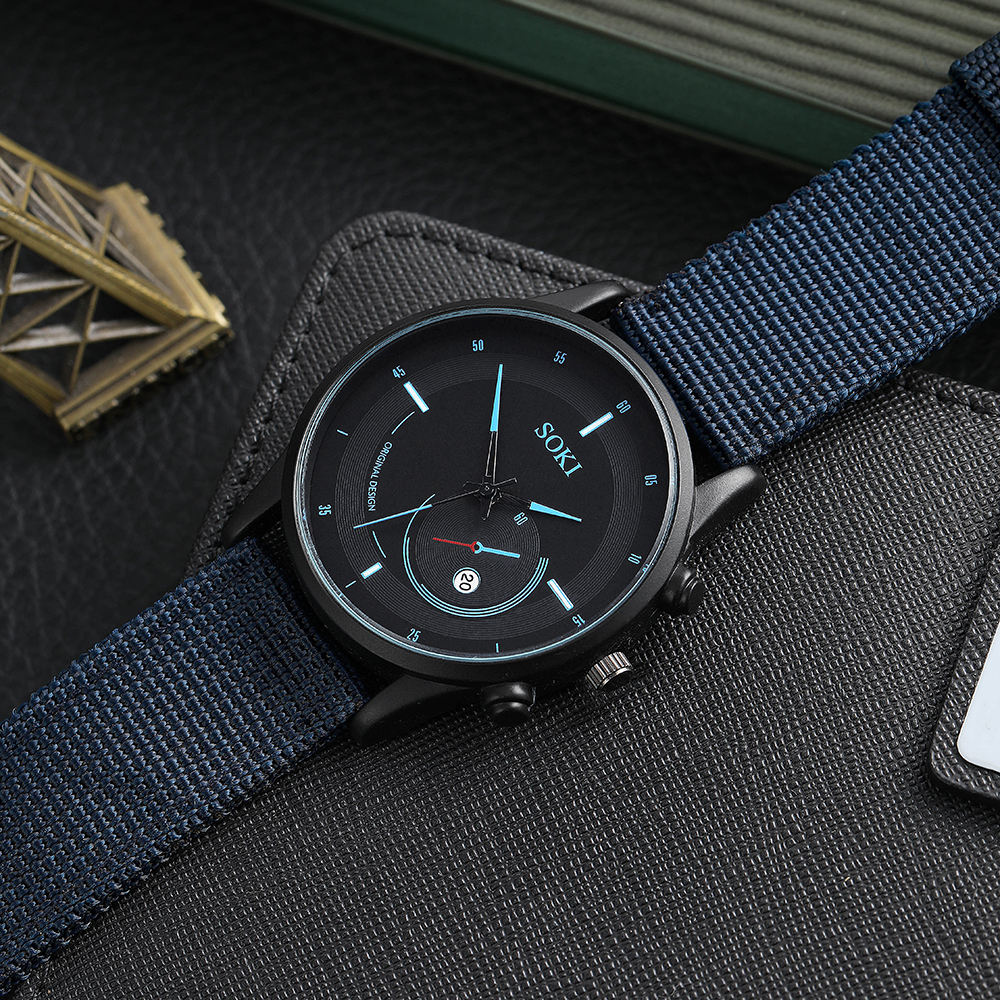 Fashion blue Woven Nylon Strap Menu0027s Sports Quartz Watch wristband