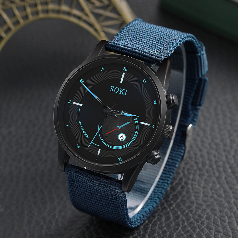 Fashion blue Woven Nylon Strap Menu0027s Sports Quartz Watch wristband