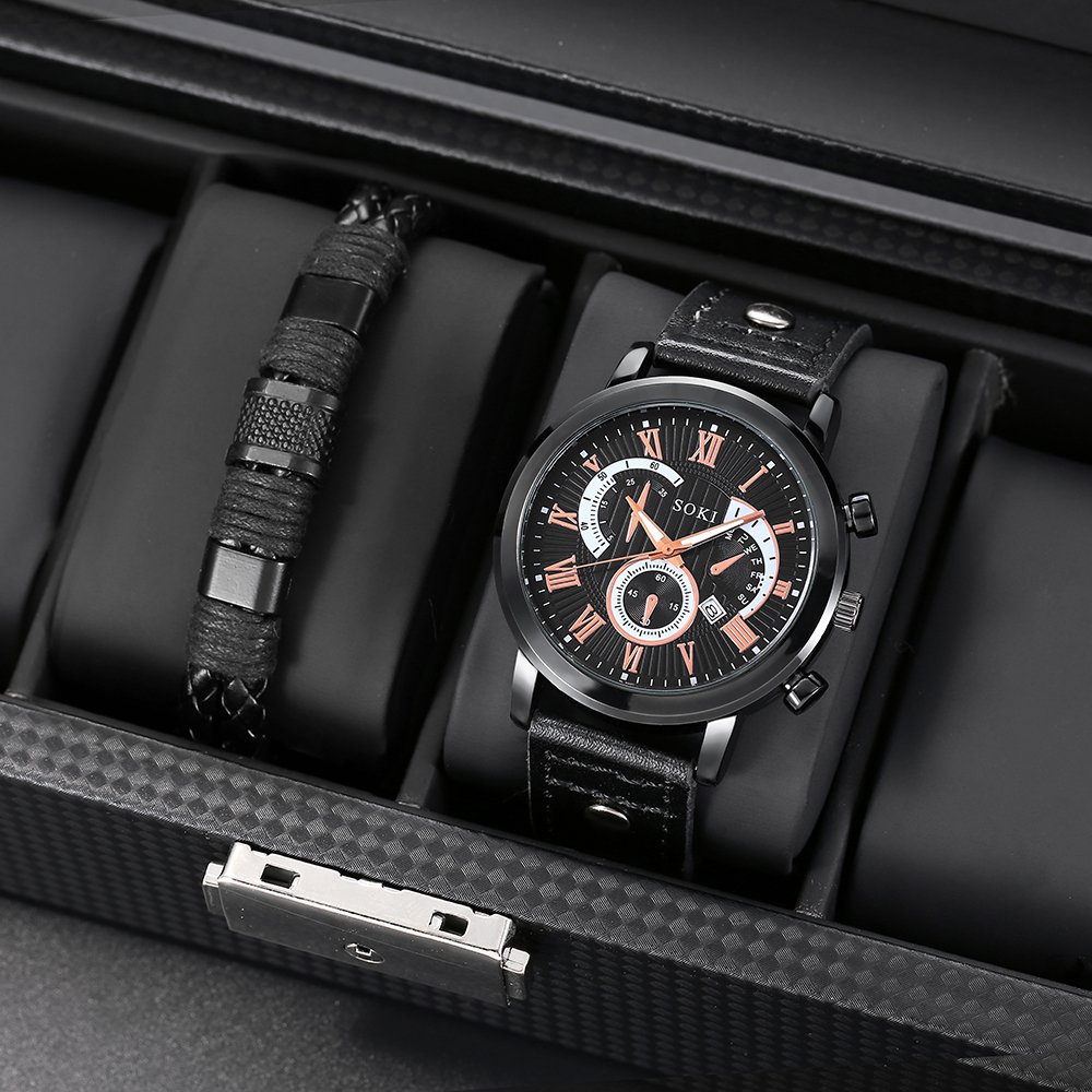 Casual style black PU leather Strap Calendar Menu0027s Sports Quartz Watch wristband