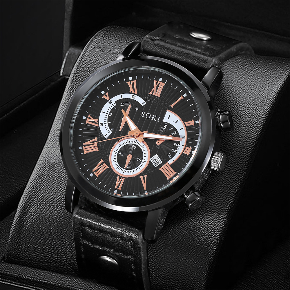 Casual style black PU leather Strap Calendar Menu0027s Sports Quartz Watch wristband
