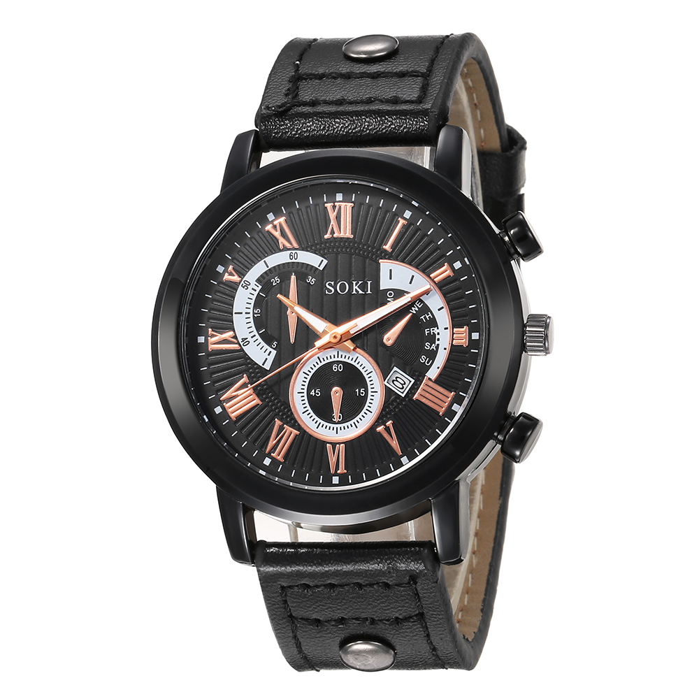 Casual style black PU leather Strap Calendar Menu0027s Sports Quartz Watch wristband