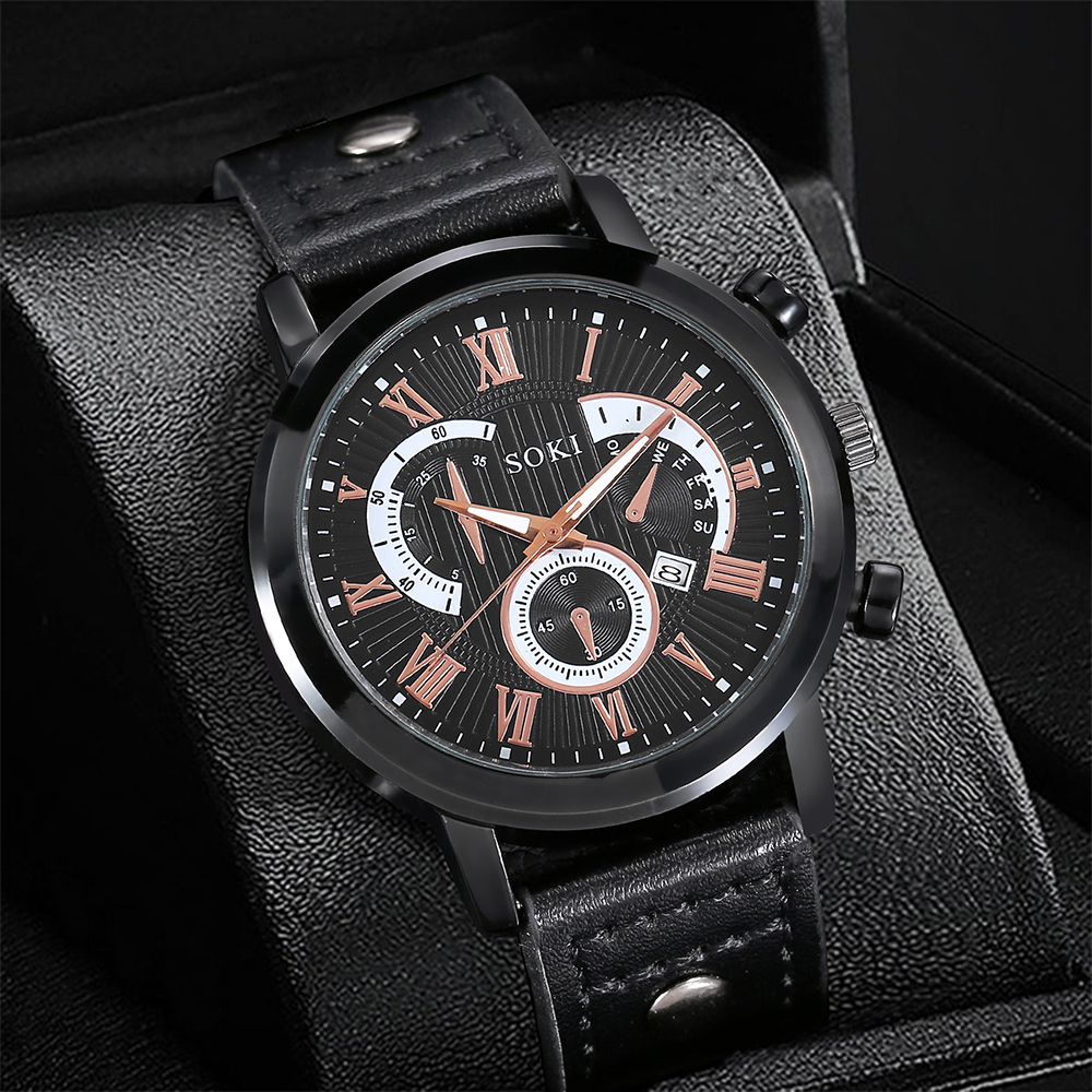 Casual style black PU leather Strap Calendar Menu0027s Sports Quartz Watch wristband