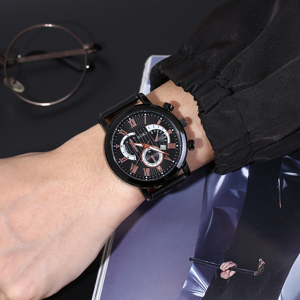 Casual style black PU leather Strap Calendar Menu0027s Sports Quartz Watch wristband