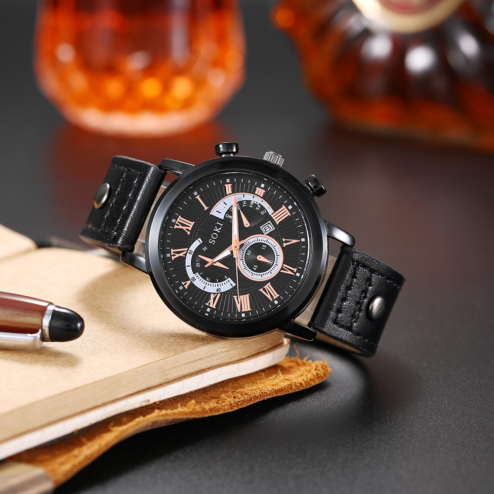 Casual style black PU leather Strap Calendar Menu0027s Sports Quartz Watch wristband