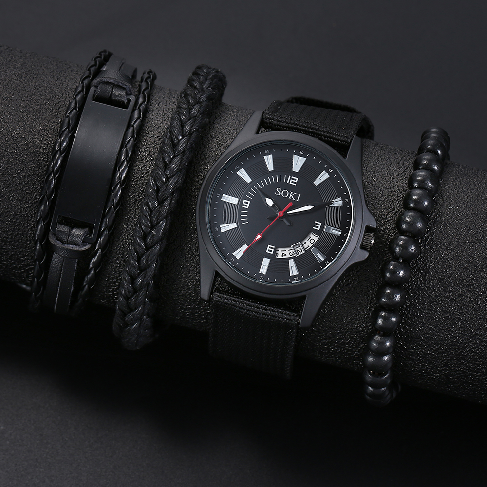 simple black Woven Nylon Strap Calendar Menu0027s Sports Quartz Watch wristband