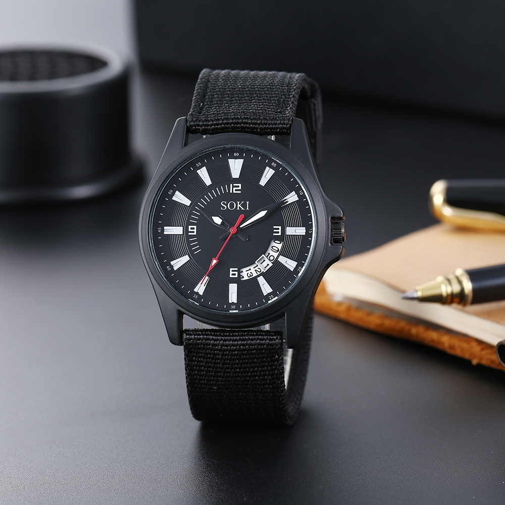 simple black Woven Nylon Strap Calendar Menu0027s Sports Quartz Watch wristband