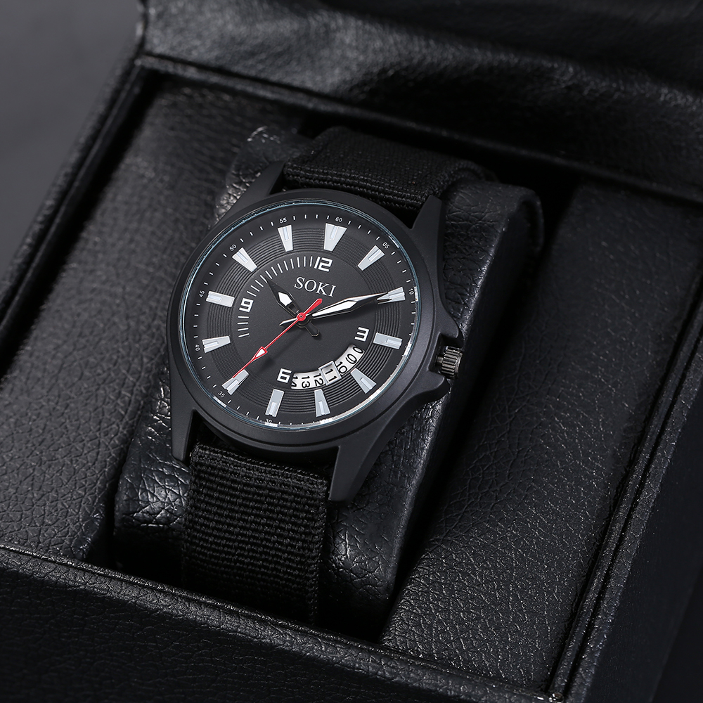 simple black Woven Nylon Strap Calendar Menu0027s Sports Quartz Watch wristband