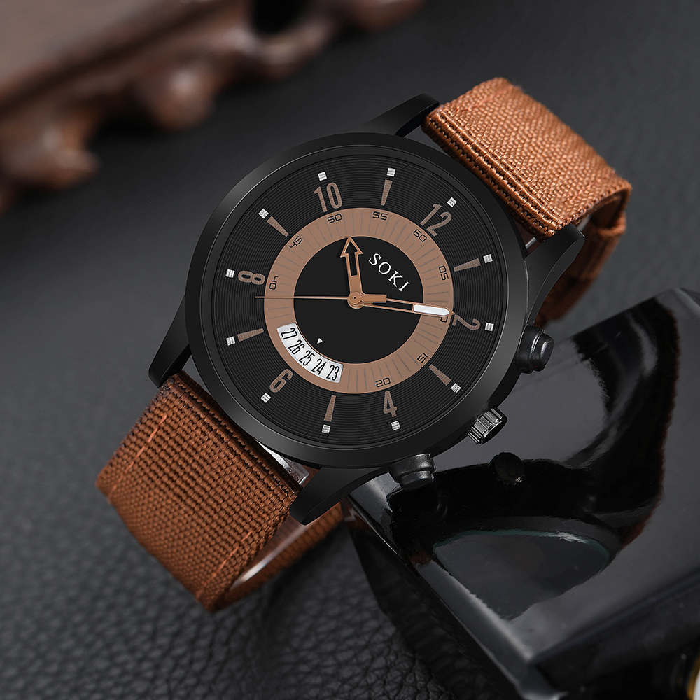casual style brown Woven Nylon Strap Calendar Menu0027s Sports Quartz Watch pendant wristband