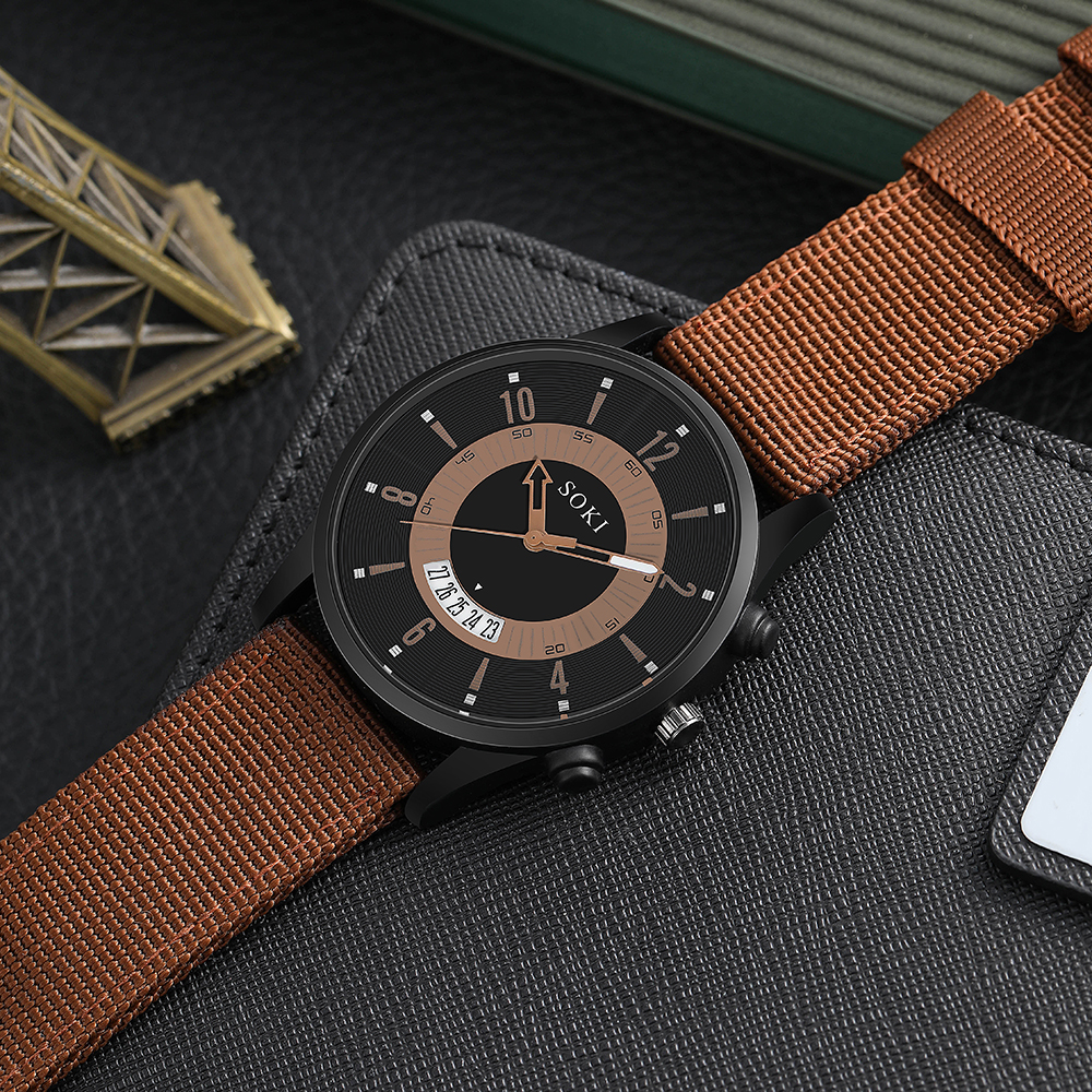 casual style brown Woven Nylon Strap Calendar Menu0027s Sports Quartz Watch pendant wristband