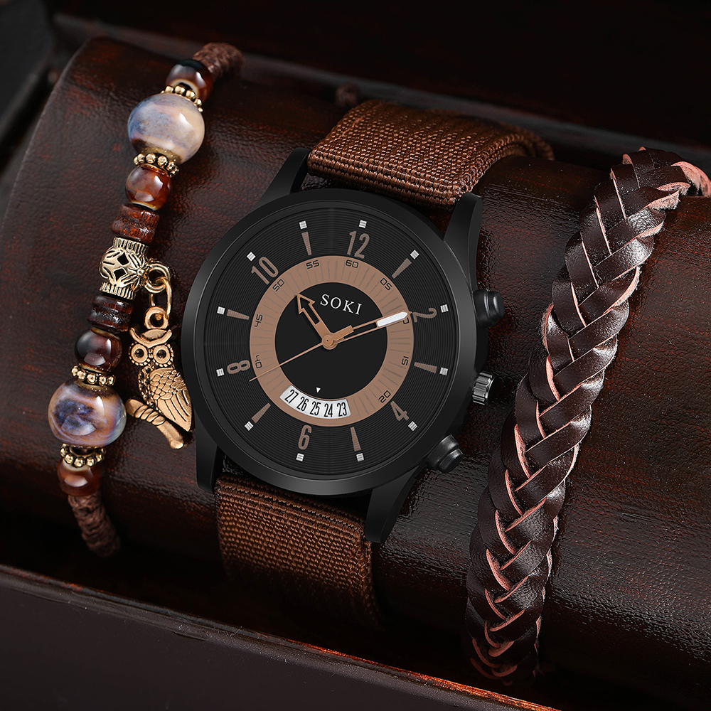 casual style brown Woven Nylon Strap Calendar Menu0027s Sports Quartz Watch pendant wristband