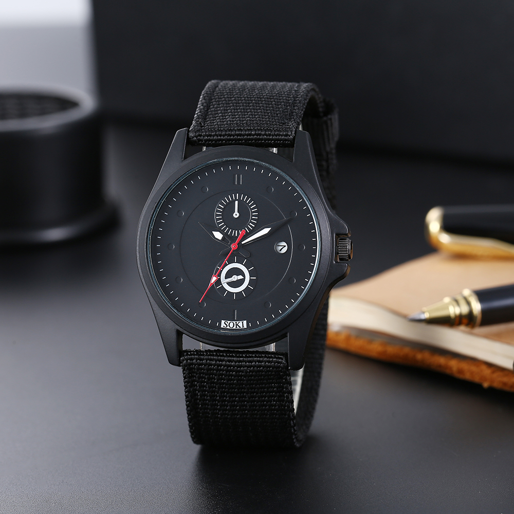 casual style black Woven Nylon Strap Menu0027s Sports Quartz Watch wristband