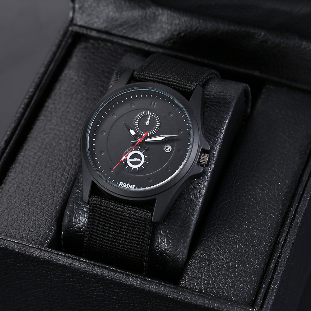 casual style black Woven Nylon Strap Menu0027s Sports Quartz Watch wristband