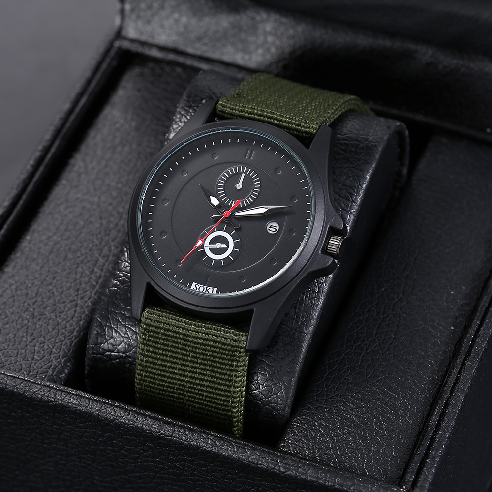 simple blackish green Woven Nylon Strap Menu0027s Sports Quartz Watch wristband
