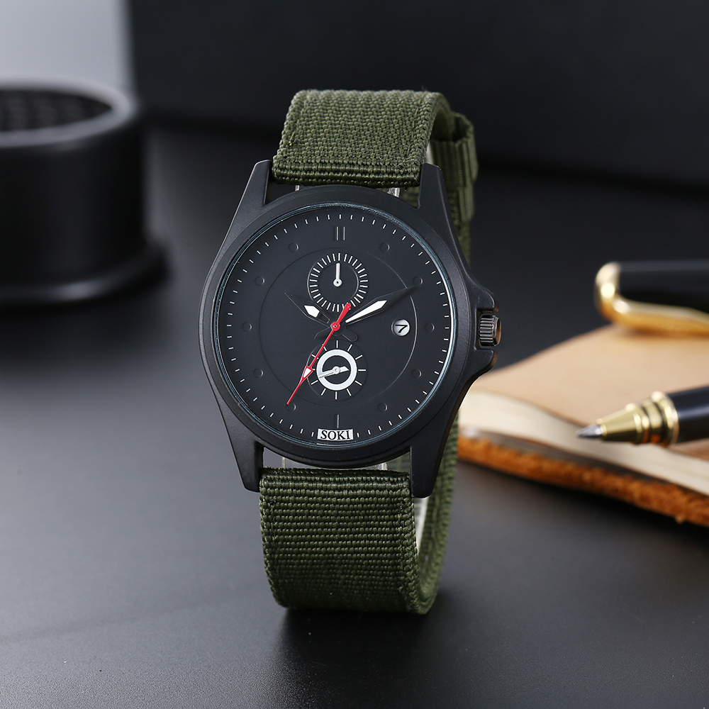 simple blackish green Woven Nylon Strap Menu0027s Sports Quartz Watch wristband
