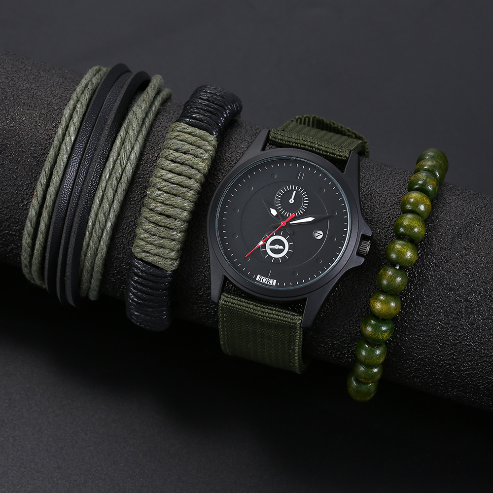 simple blackish green Woven Nylon Strap Menu0027s Sports Quartz Watch wristband