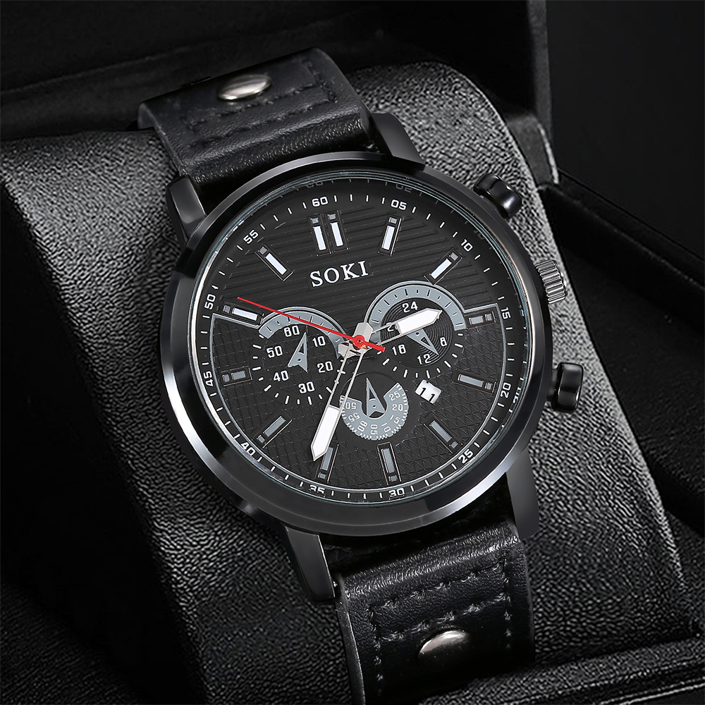 Simple Classic black PU leather strap Menu0027s Sports Watch tree pattern wristband