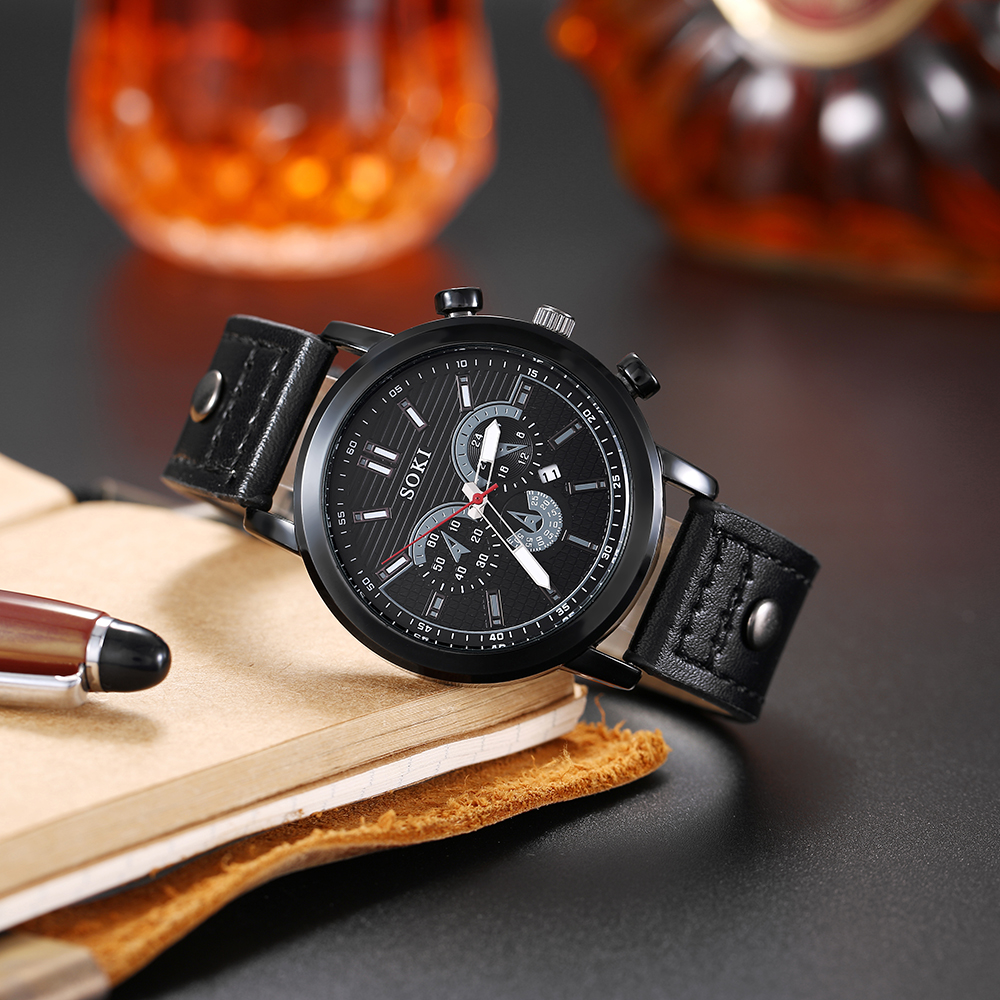 Simple Classic black PU leather strap Menu0027s Sports Watch tree pattern wristband