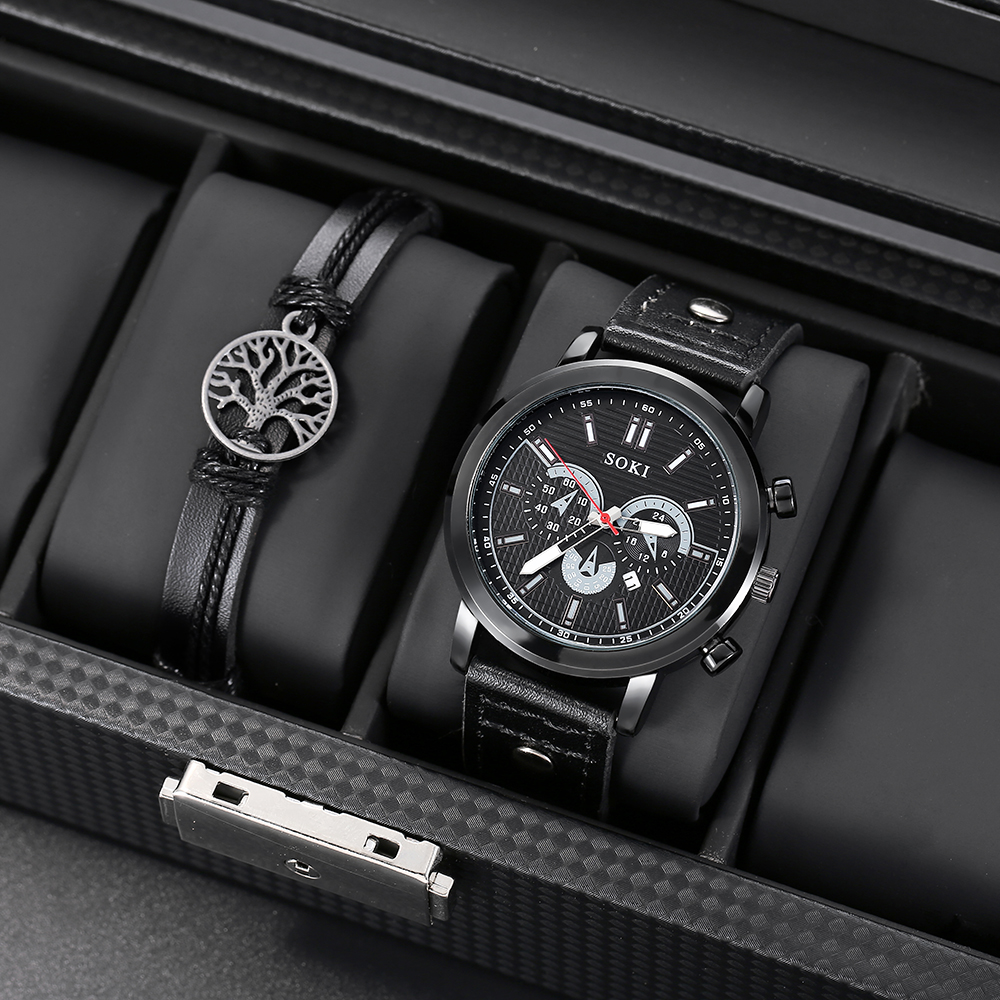 Simple Classic black PU leather strap Menu0027s Sports Watch tree pattern wristband
