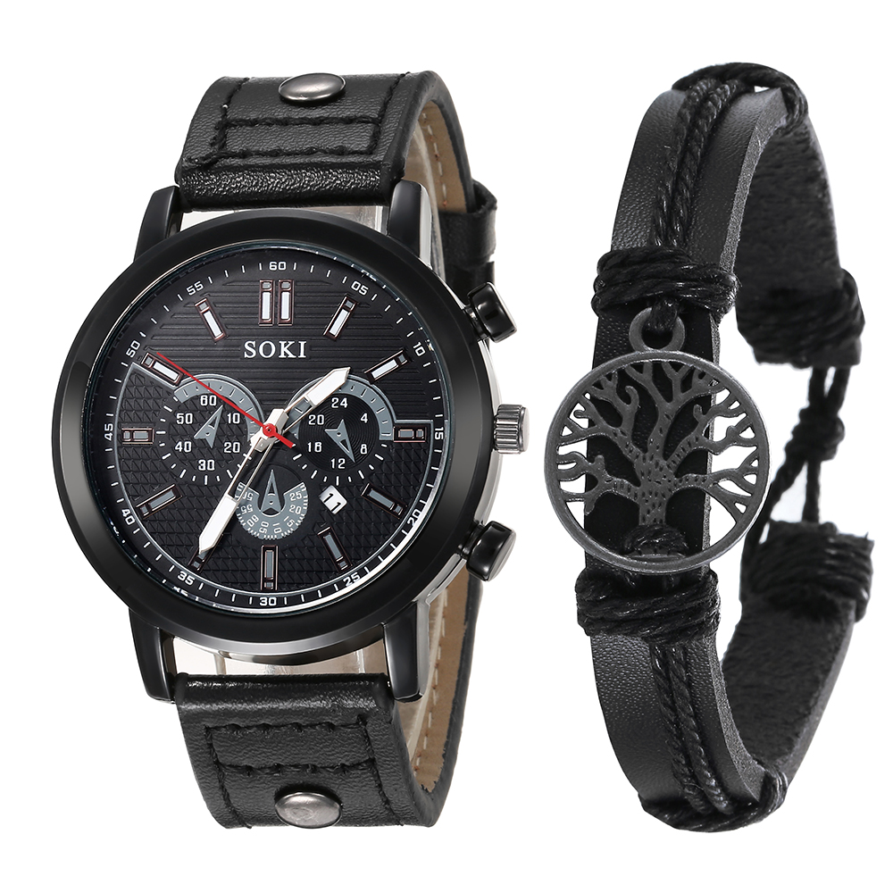 Simple Classic black PU leather strap Menu0027s Sports Watch tree pattern wristband