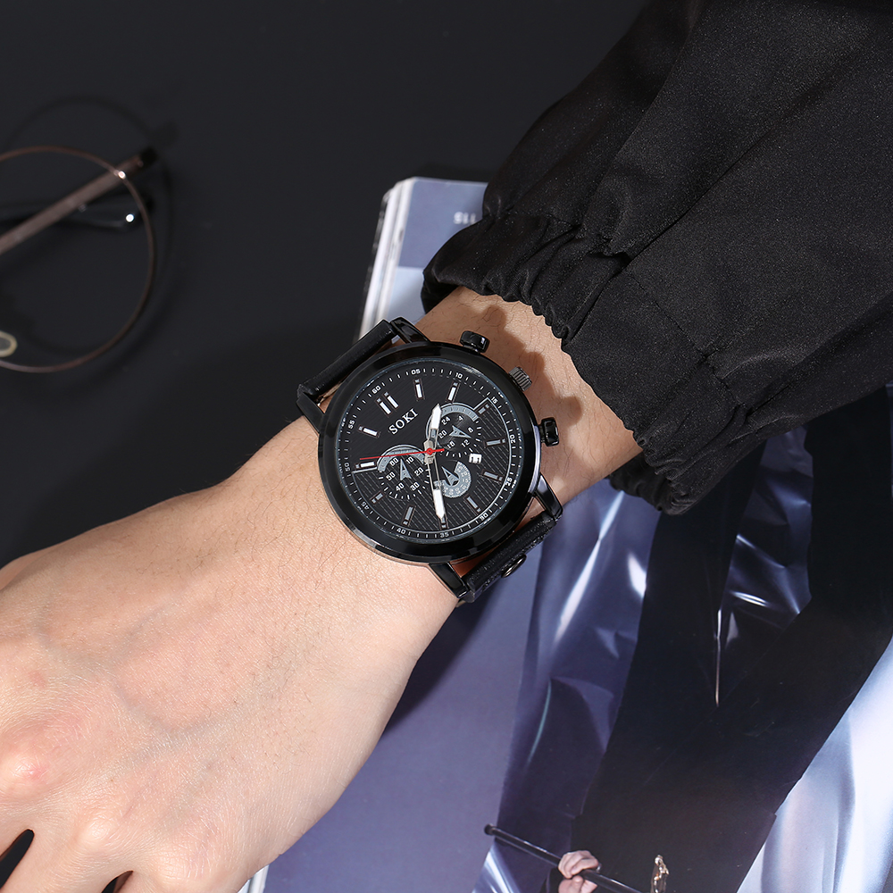 Simple Classic black PU leather strap Menu0027s Sports Watch tree pattern wristband